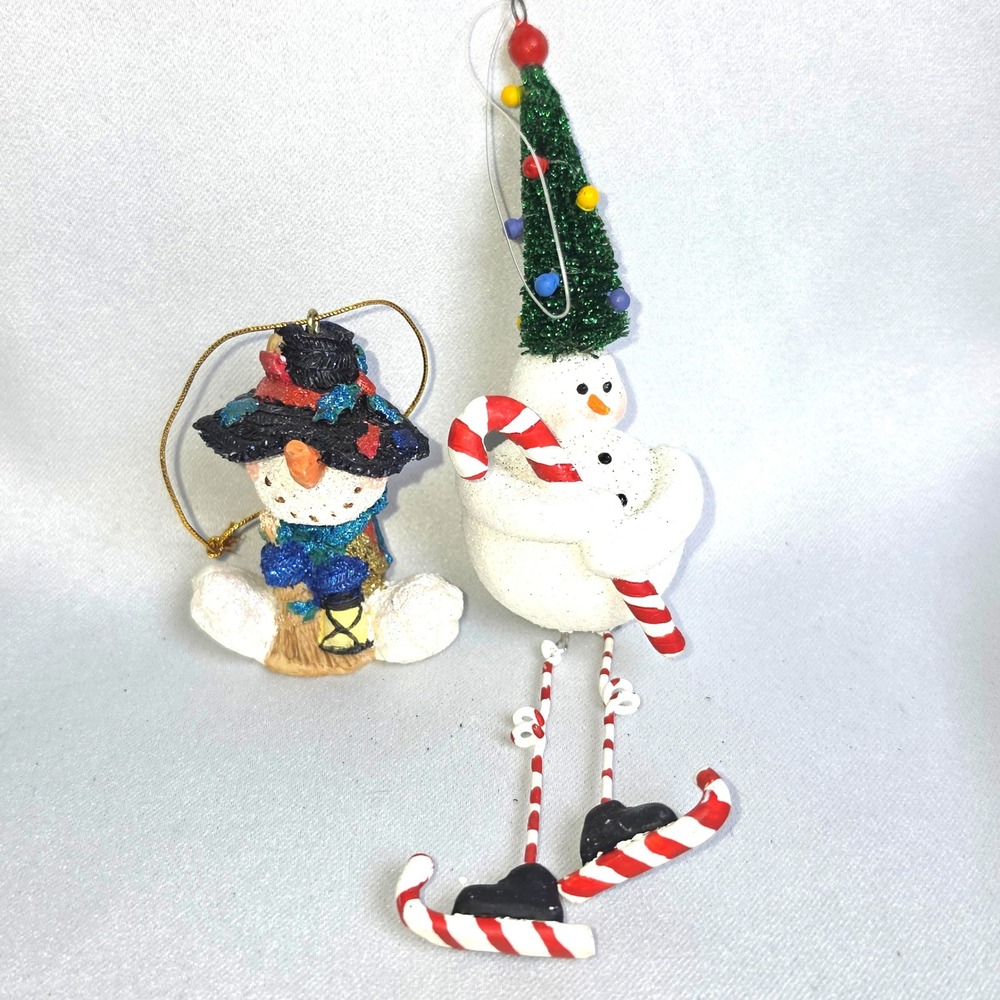 Vintage Snowman Christmas Ornament Set Dangle Legs Glitter Lantern 2pc Holiday
